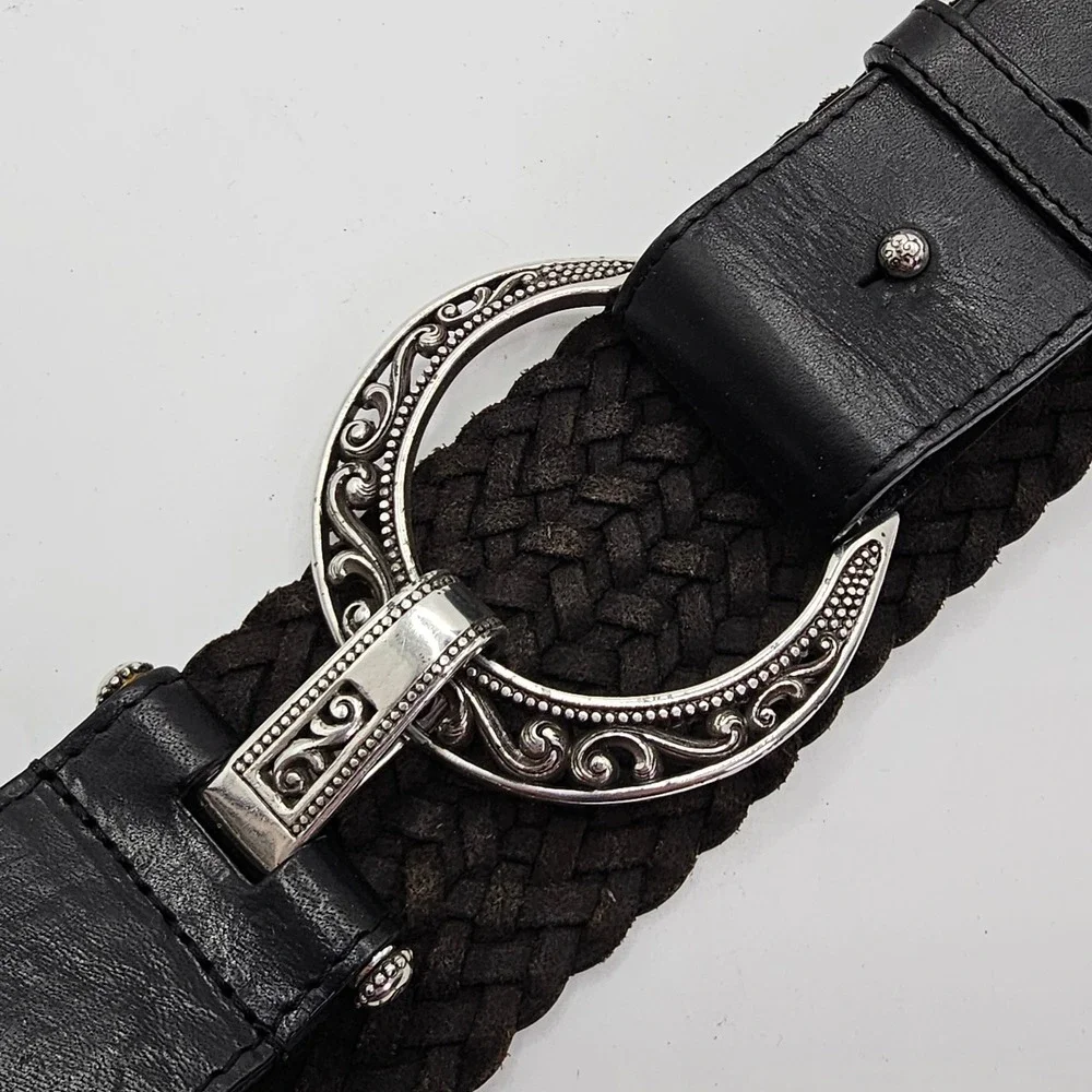Brighton Braided Leather Belt Black Horseshoe‎ Heart Buckle Womens ML 32